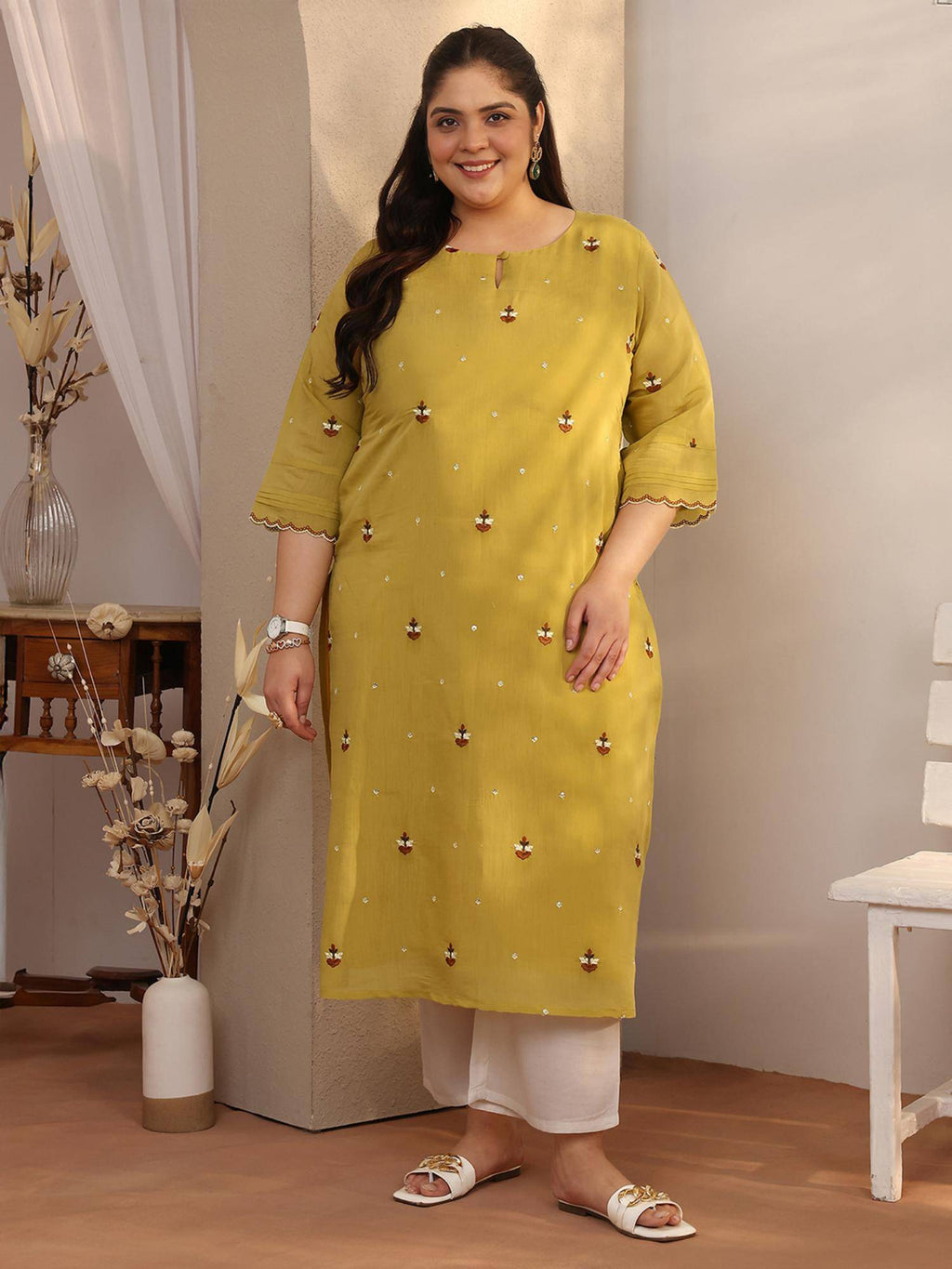 Plus Size Green Embroidered Chanderi Cotton Straight Kurta | U3S - view 1