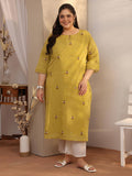 Plus Size Green Embroidered Chanderi Cotton Straight Kurta | U3S - view 1