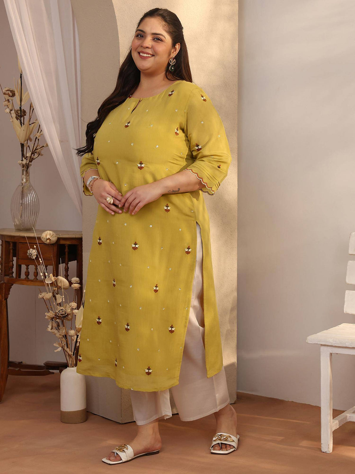 Plus Size Green Embroidered Chanderi Cotton Straight Kurta | U3S - view 2