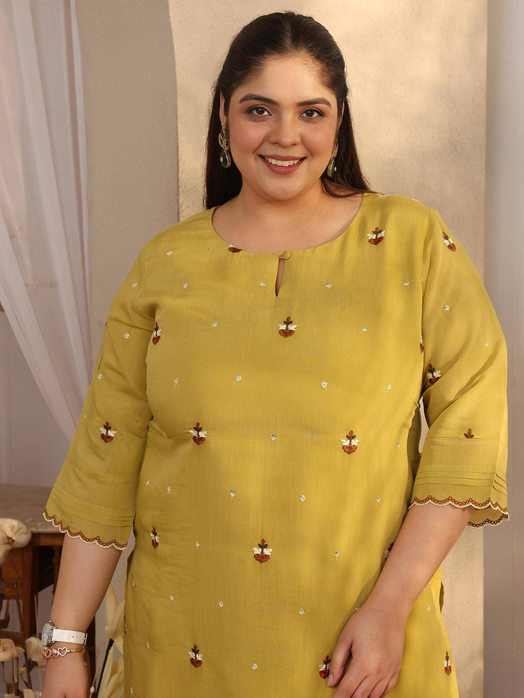 Plus Size Green Embroidered Chanderi Cotton Straight Kurta | U3S - view 4