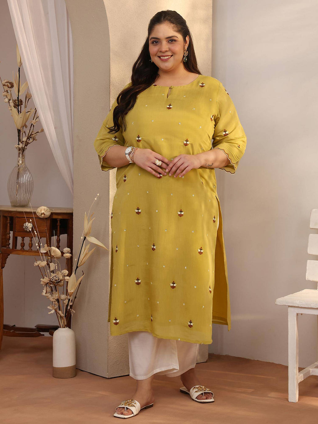 Plus Size Green Embroidered Chanderi Cotton Straight Kurta | U3S - view 5