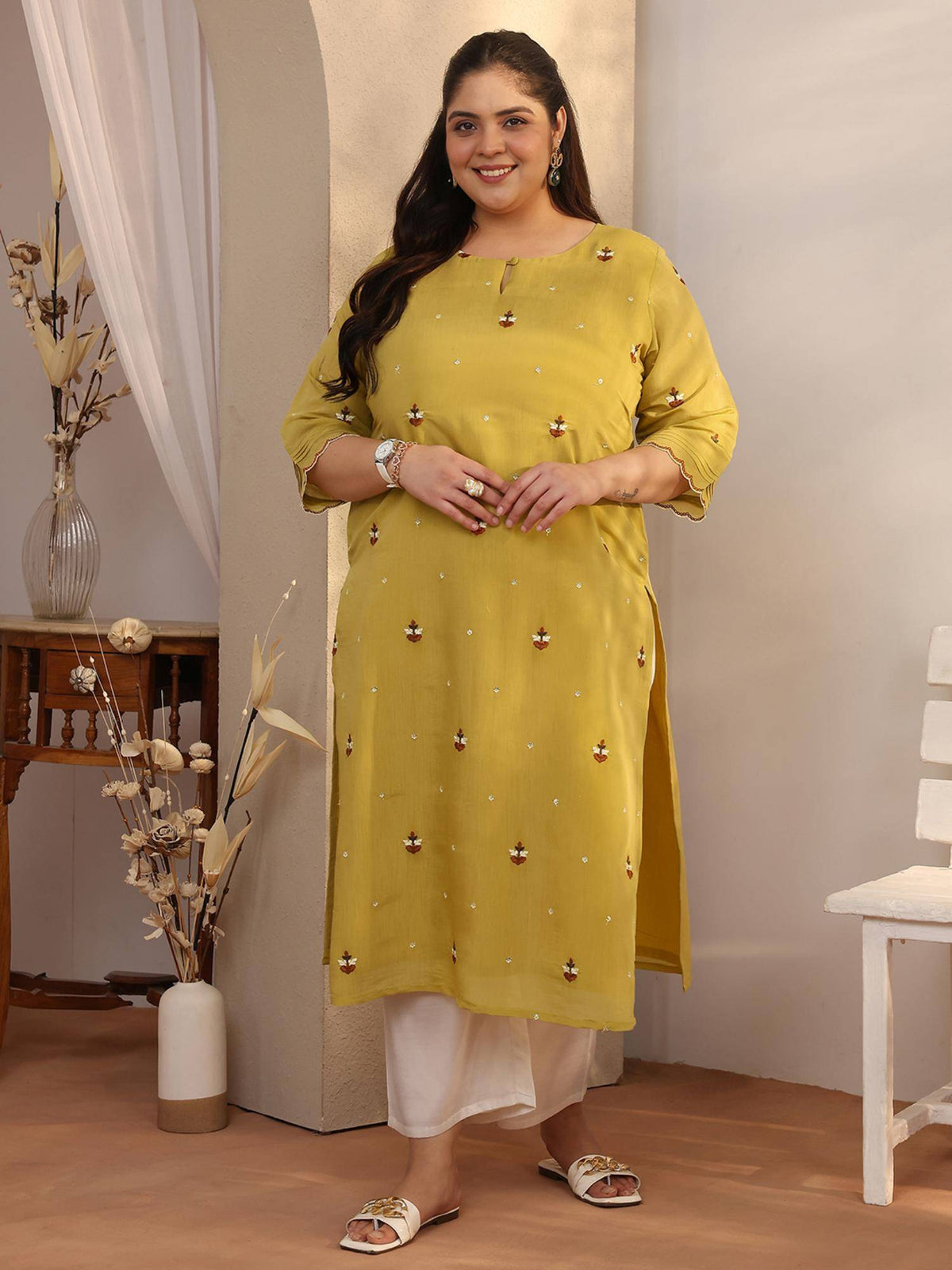 Plus Size Green Embroidered Chanderi Cotton Straight Kurta | U3S - view 5