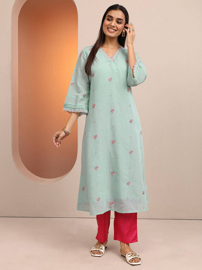 Blue Floral Embroidered A-Line Kurta With Pocket And Lining | U3S - view 1