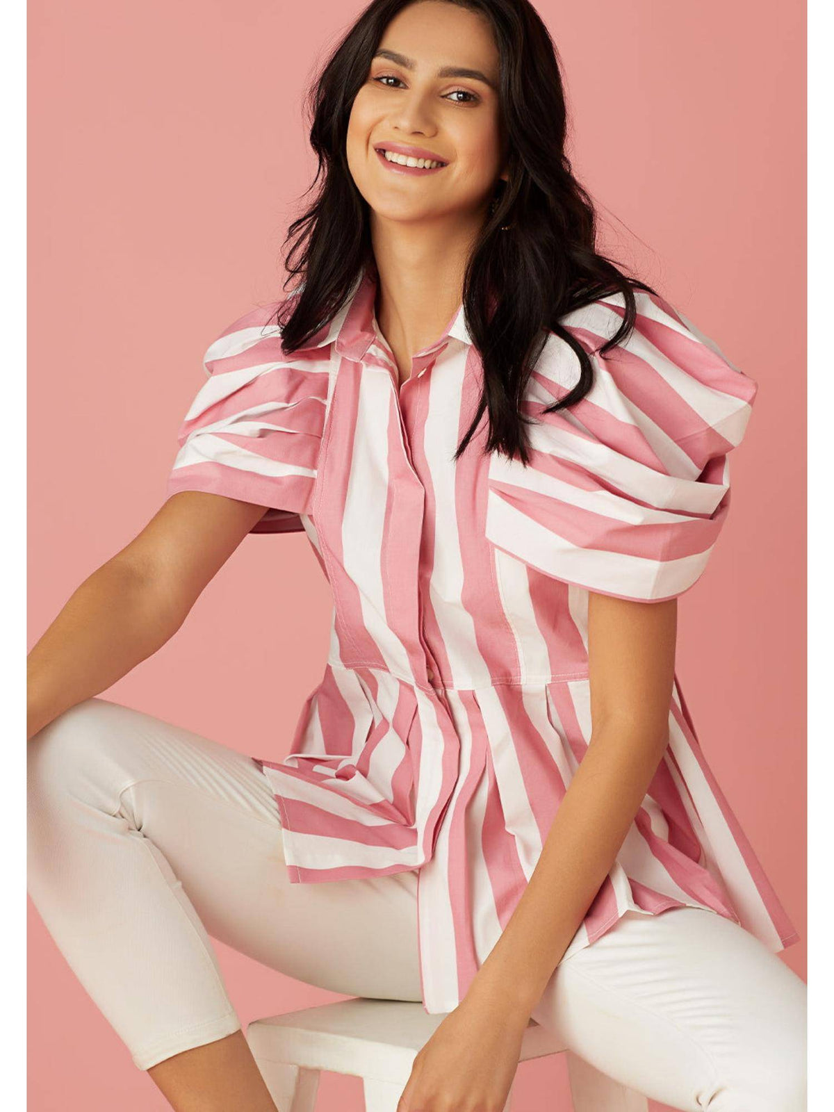 Pink Striped Peplum Top | pt51 - view 3