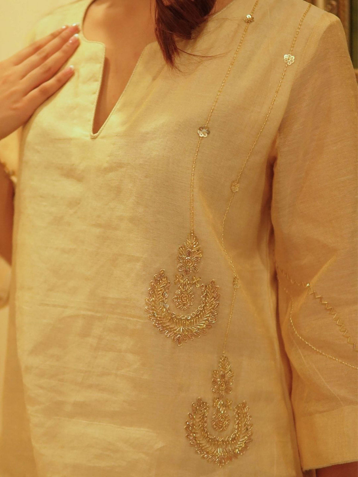 Off White Metallic Chanderi Kurta | FY93 - view 3