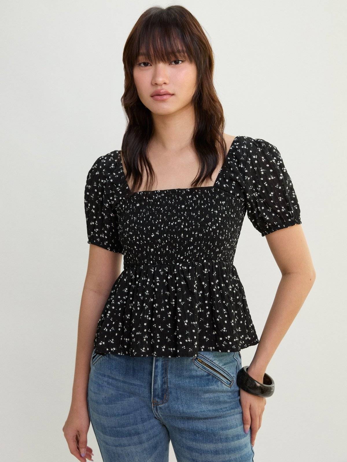 Ditsy Floral Smocked Peplum Blouse Top - Black | pt51 - view 1