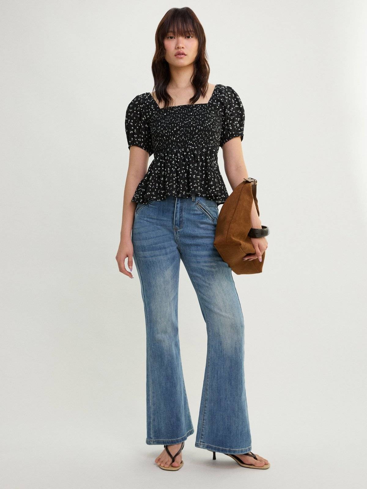 Ditsy Floral Smocked Peplum Blouse Top - Black | pt51 - view 2