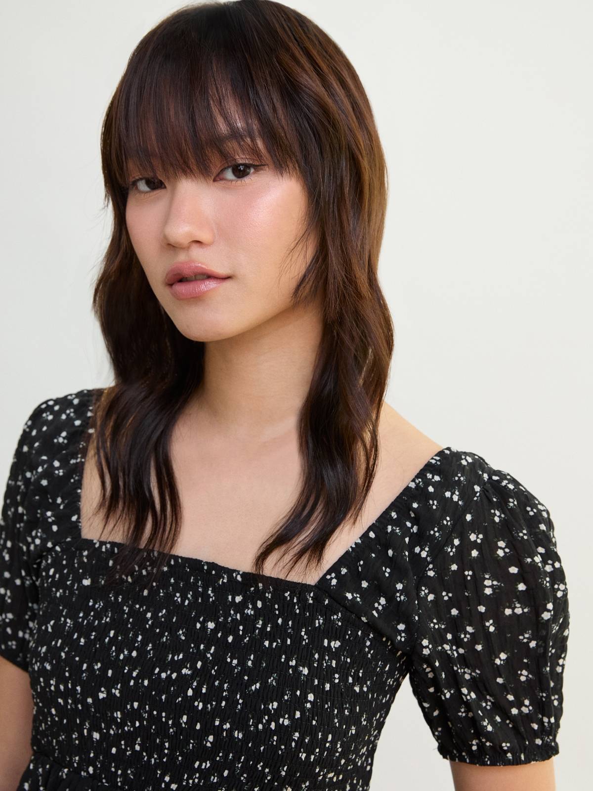 Ditsy Floral Smocked Peplum Blouse Top - Black | pt51 - view 4