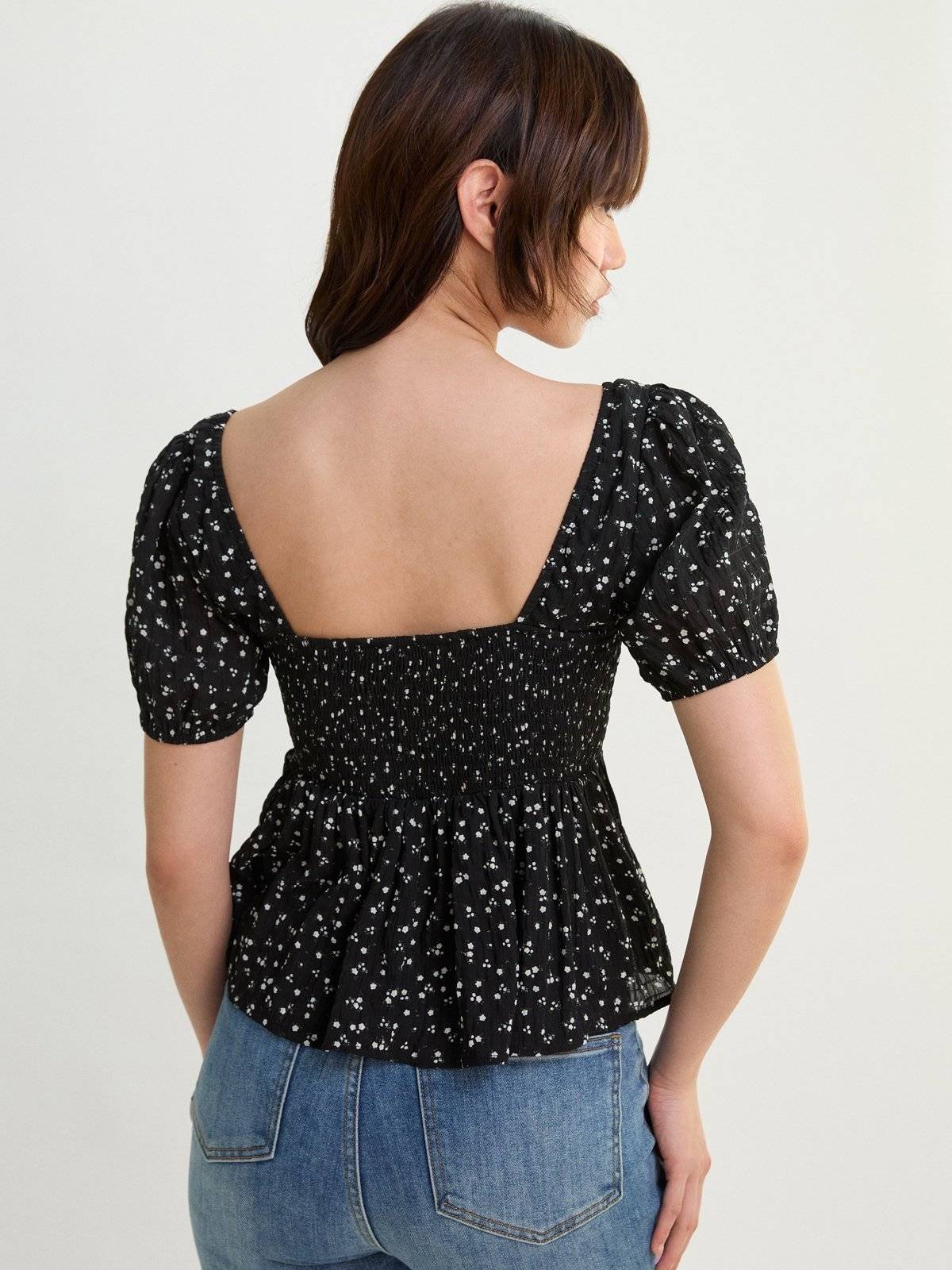 Ditsy Floral Smocked Peplum Blouse Top - Black | pt51 - view 5