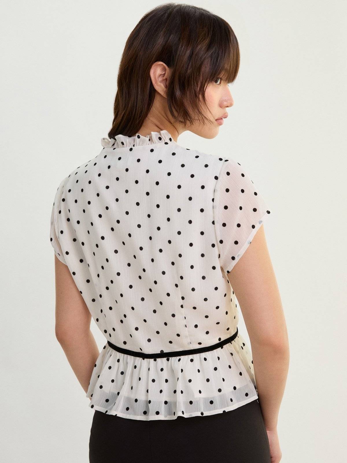 Ruffle Front Polka Dot Peplum Blouse Top - White | pt51 - view 2