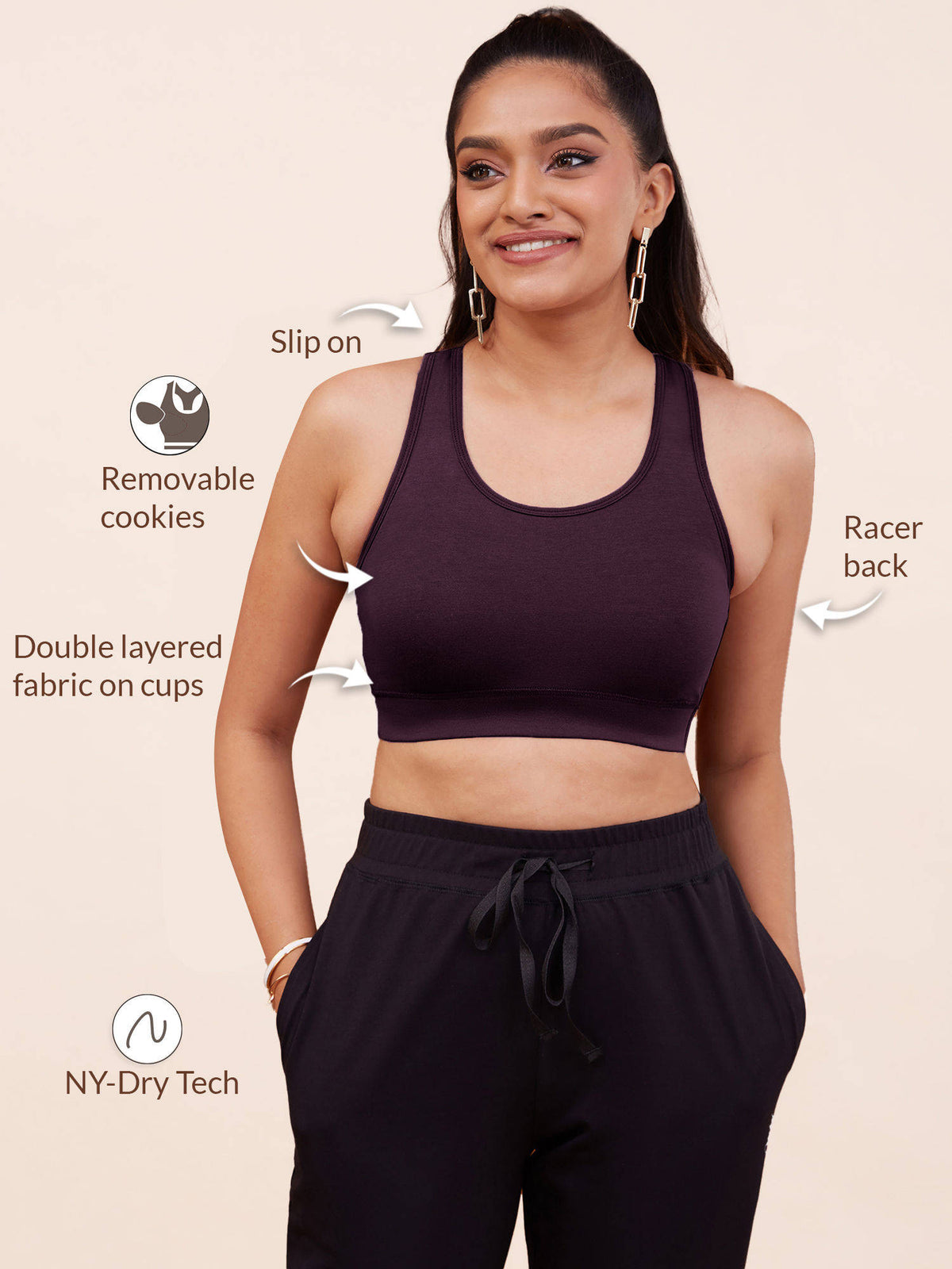 Cotton Slip On Sports Bra with Removable Cups NYK059 Navy | sb09 - view 71