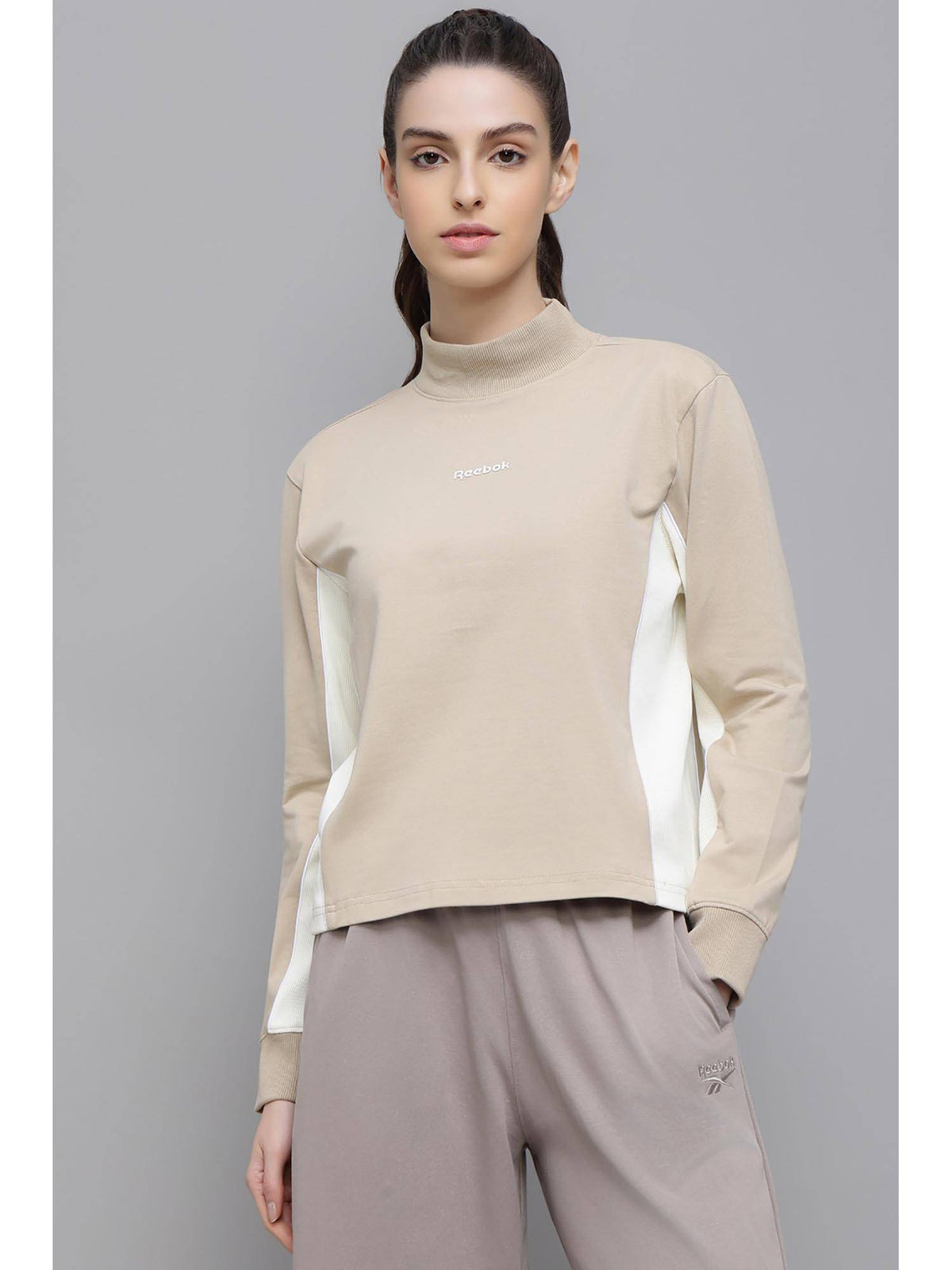Beige Colorblock High Neck Sweatshirt | HD56 - view 1