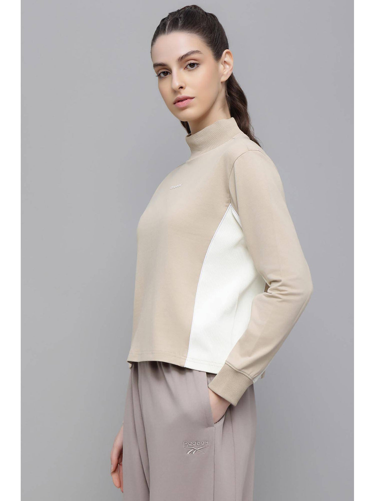 Beige Colorblock High Neck Sweatshirt | HD56 - view 2