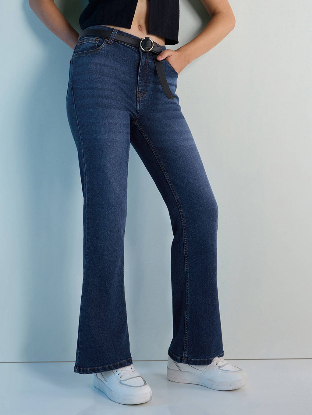Navy Blue Womens Boot Cut Strech Denim Jeans | BT10 - view 1