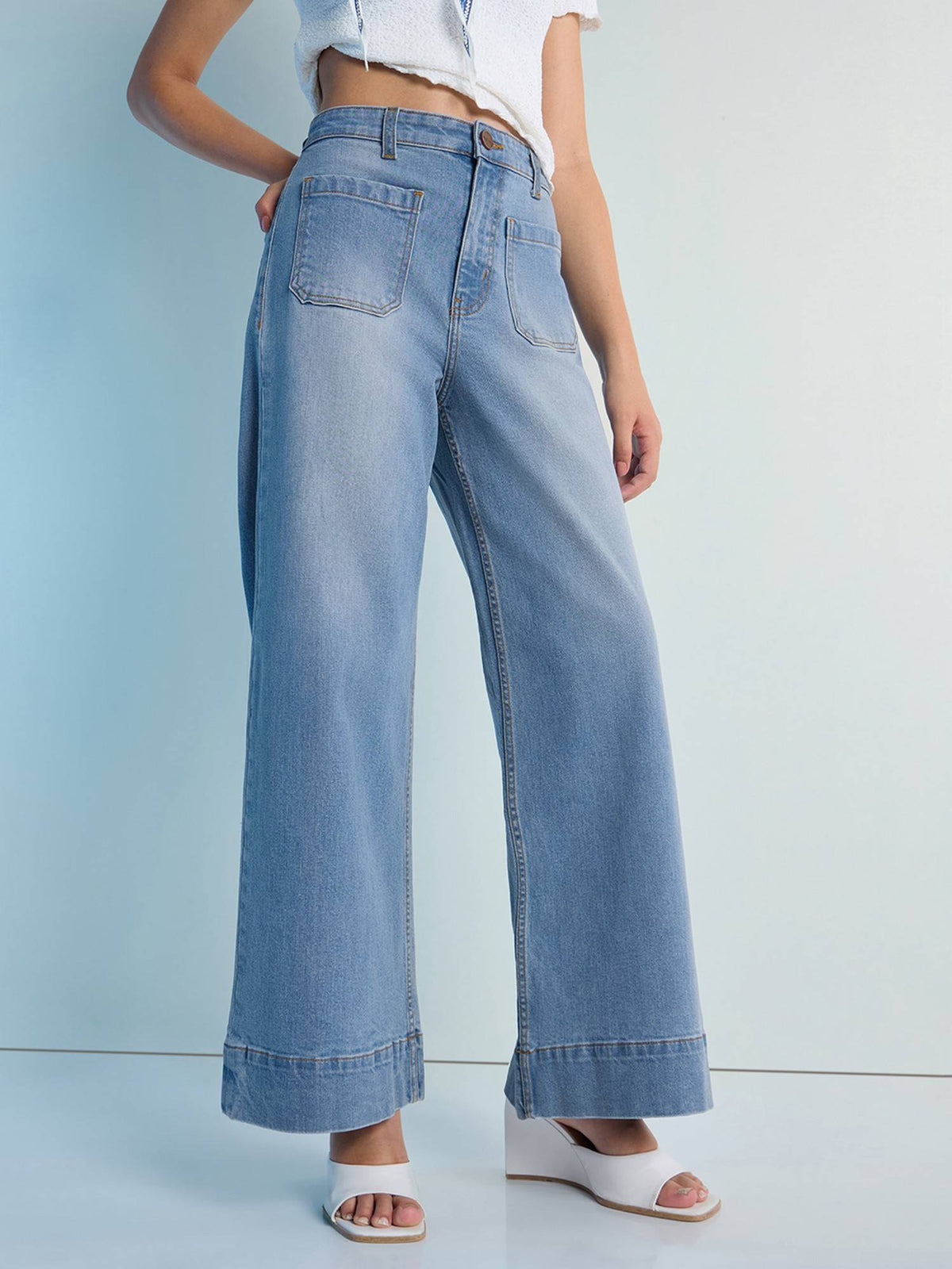 Blue Womens Wide Leg Patch Pocket Denim Jeans | WL90 - view 1
