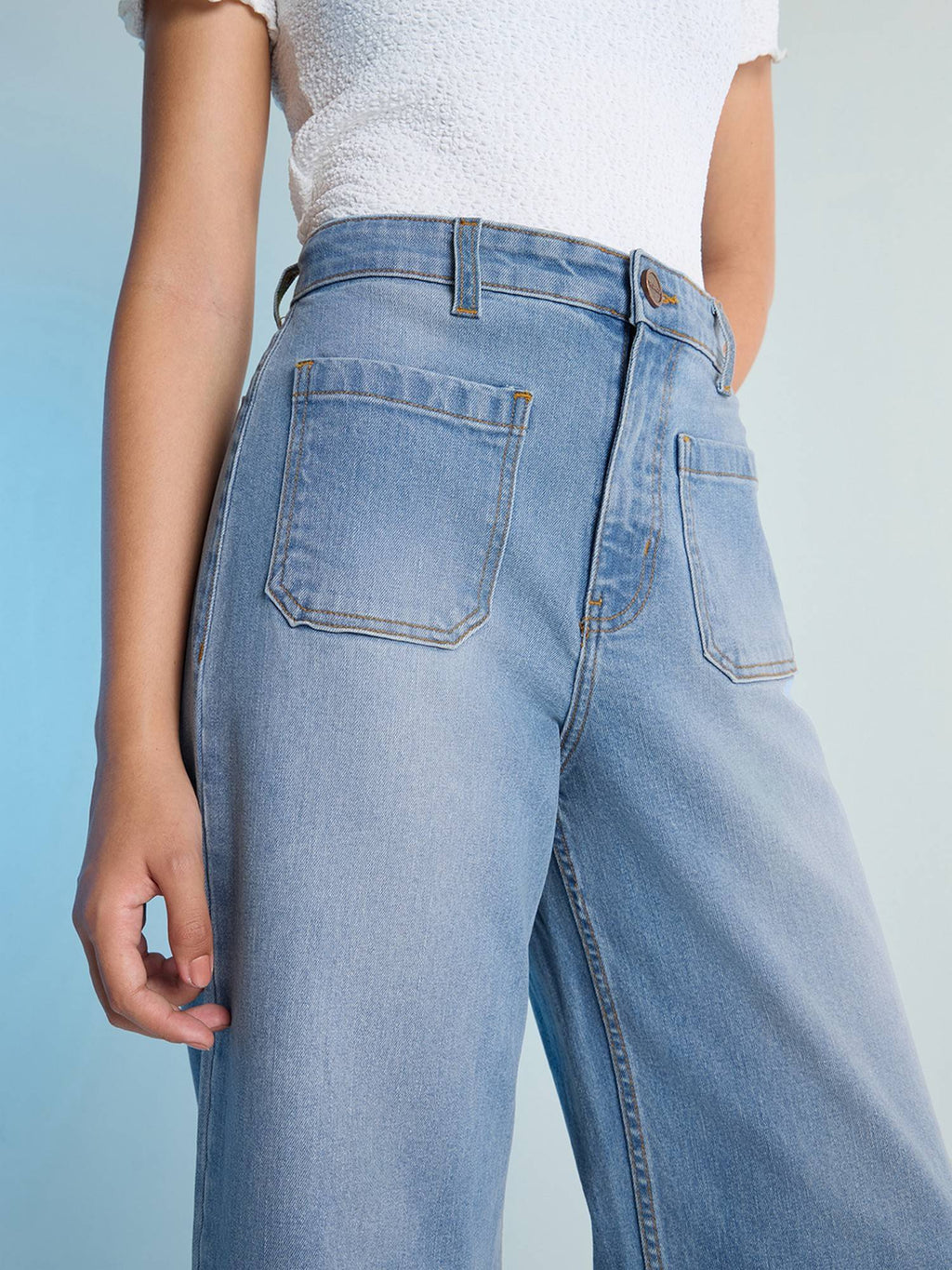 Blue Womens Wide Leg Patch Pocket Denim Jeans | WL90 - view 2