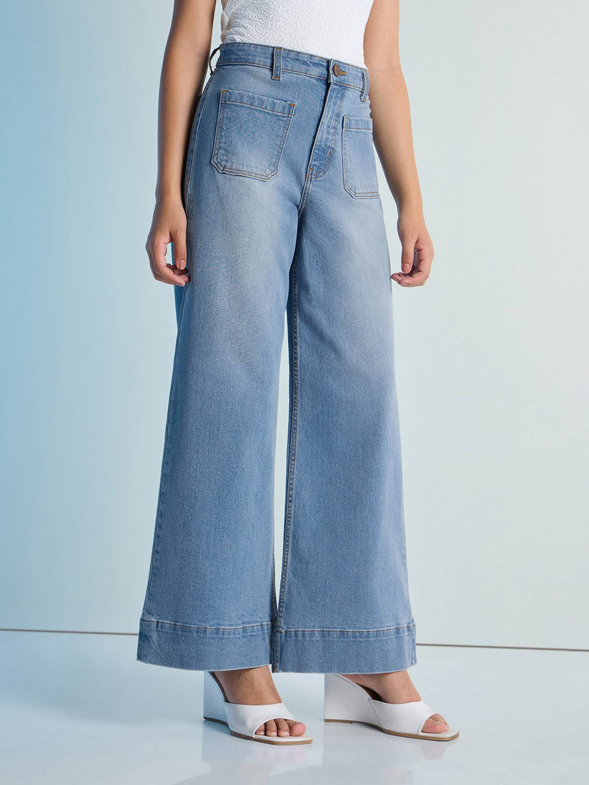 Blue Womens Wide Leg Patch Pocket Denim Jeans | WL90 - view 3