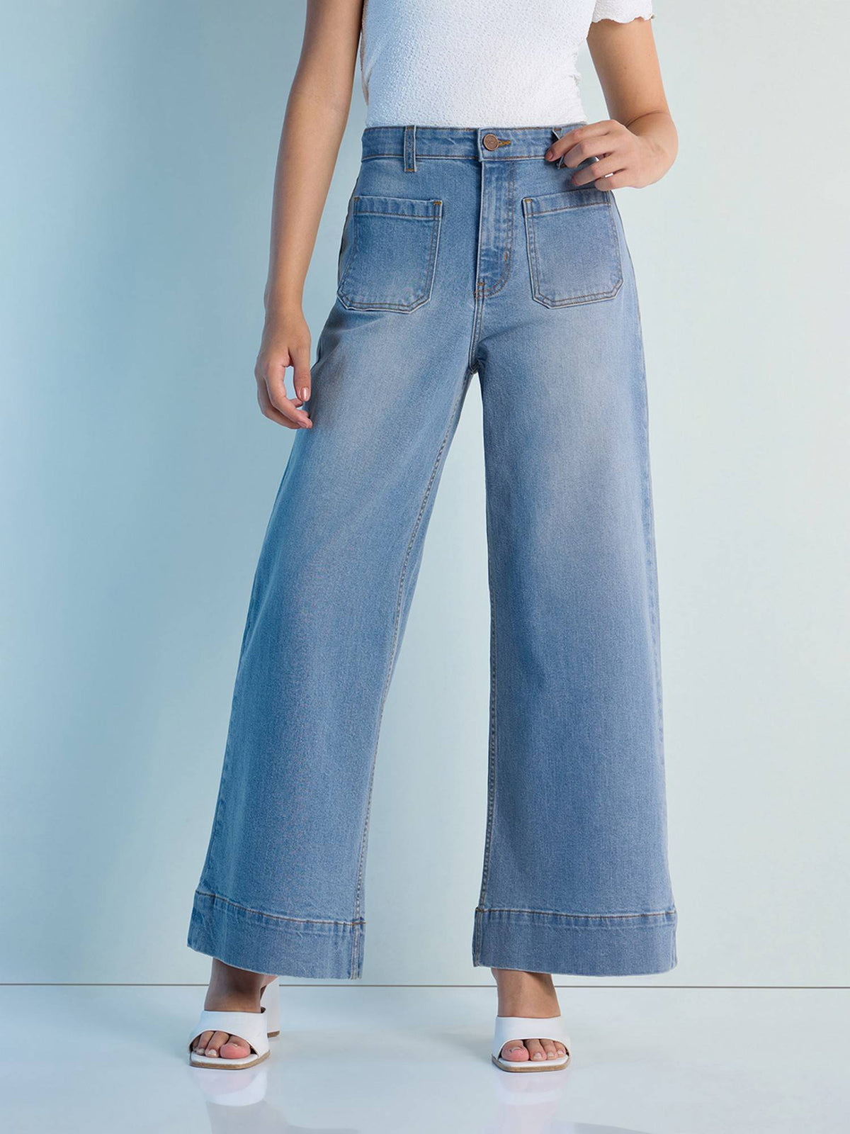 Blue Womens Wide Leg Patch Pocket Denim Jeans | WL90 - view 4