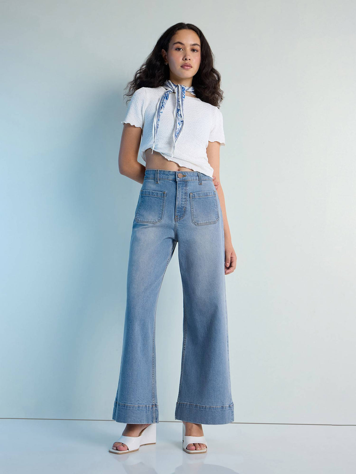 Blue Womens Wide Leg Patch Pocket Denim Jeans | WL90 - view 6