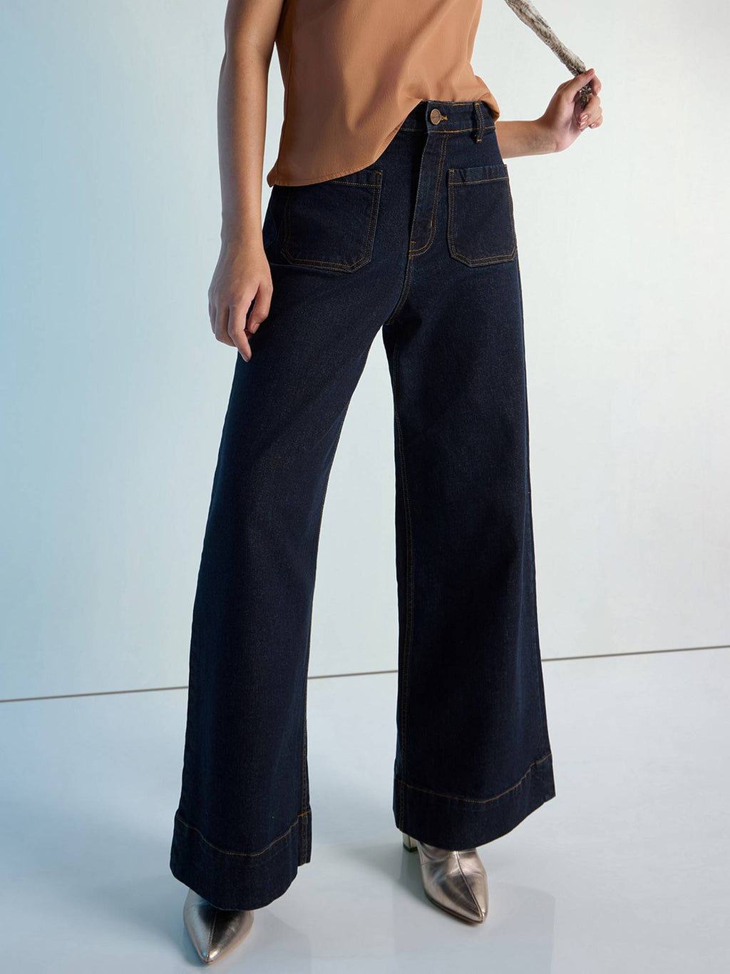 Navy Blue Womens Wide Leg Patch Pocket Denim Jeans | WL90 - view 1