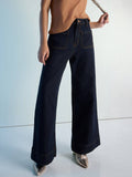 Navy Blue Womens Wide Leg Patch Pocket Denim Jeans | WL90 - view 1