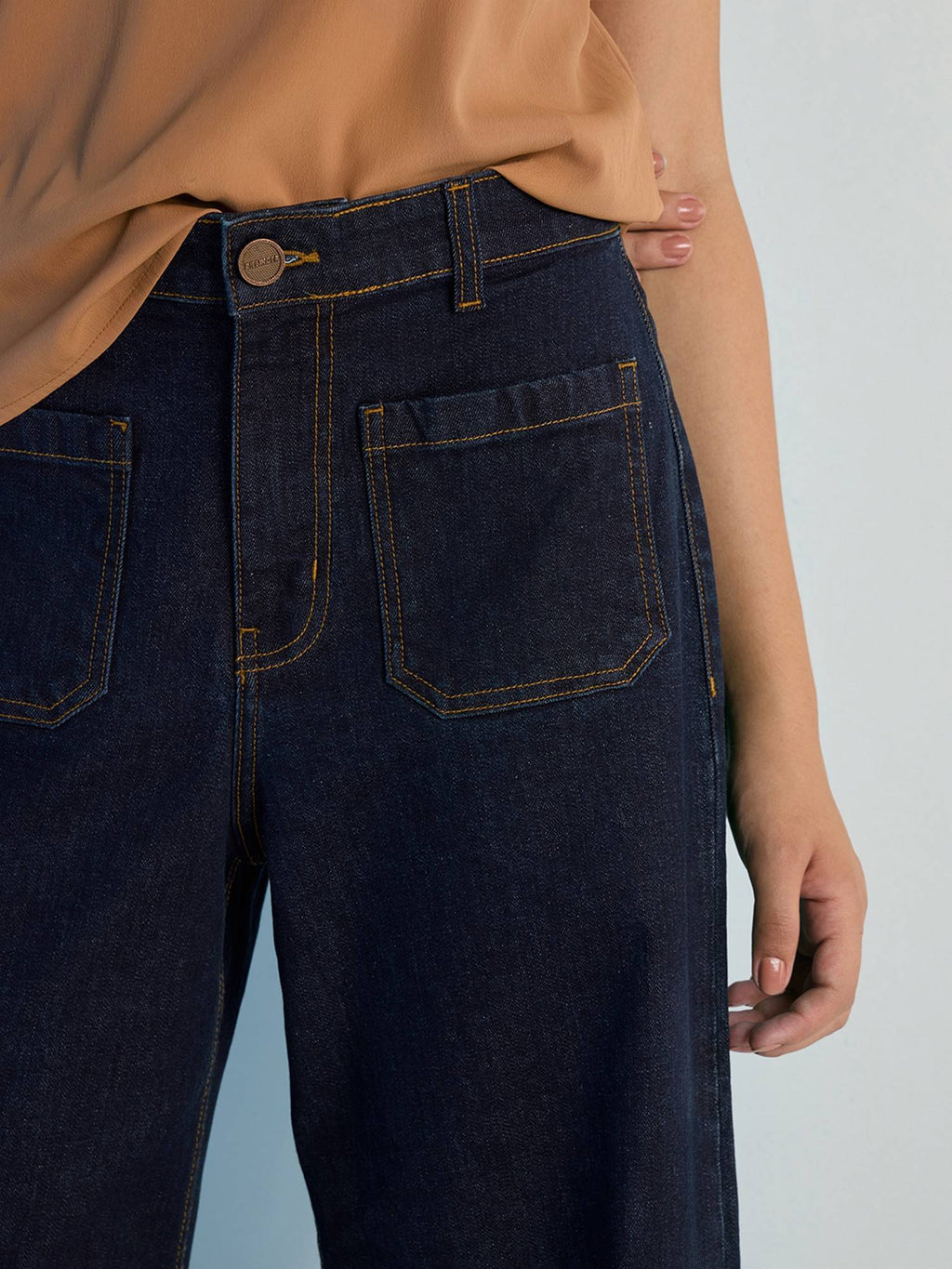 Navy Blue Womens Wide Leg Patch Pocket Denim Jeans | WL90 - view 2