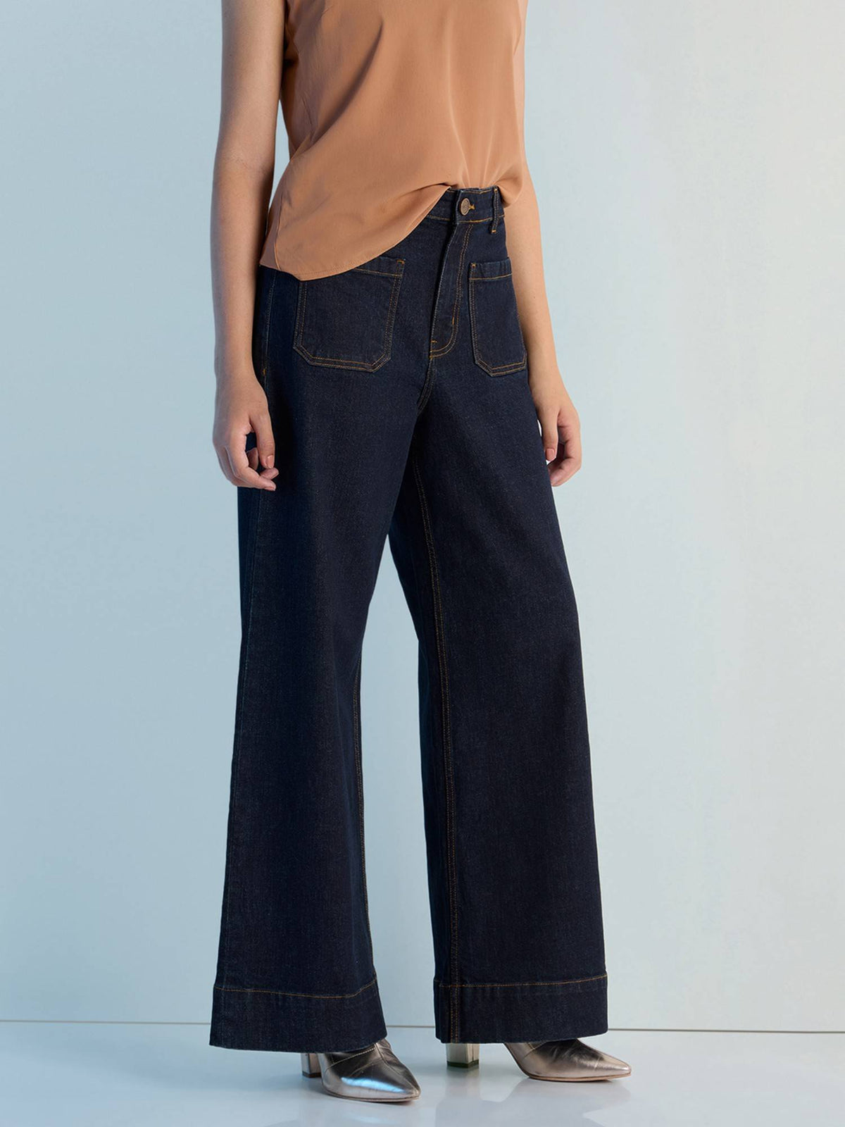 Navy Blue Womens Wide Leg Patch Pocket Denim Jeans | WL90 - view 3