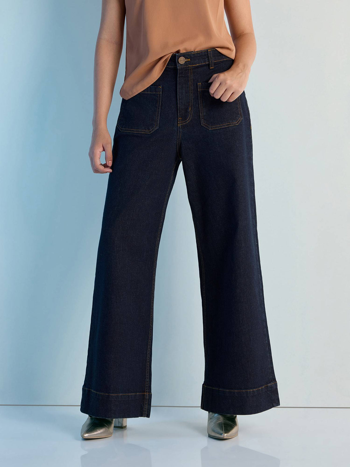 Navy Blue Womens Wide Leg Patch Pocket Denim Jeans | WL90 - view 4