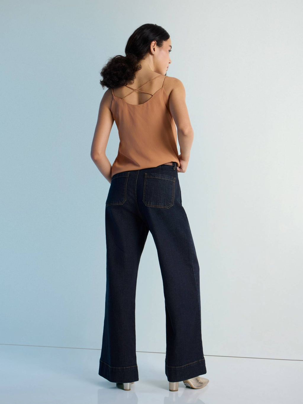 Navy Blue Womens Wide Leg Patch Pocket Denim Jeans | WL90 - view 5