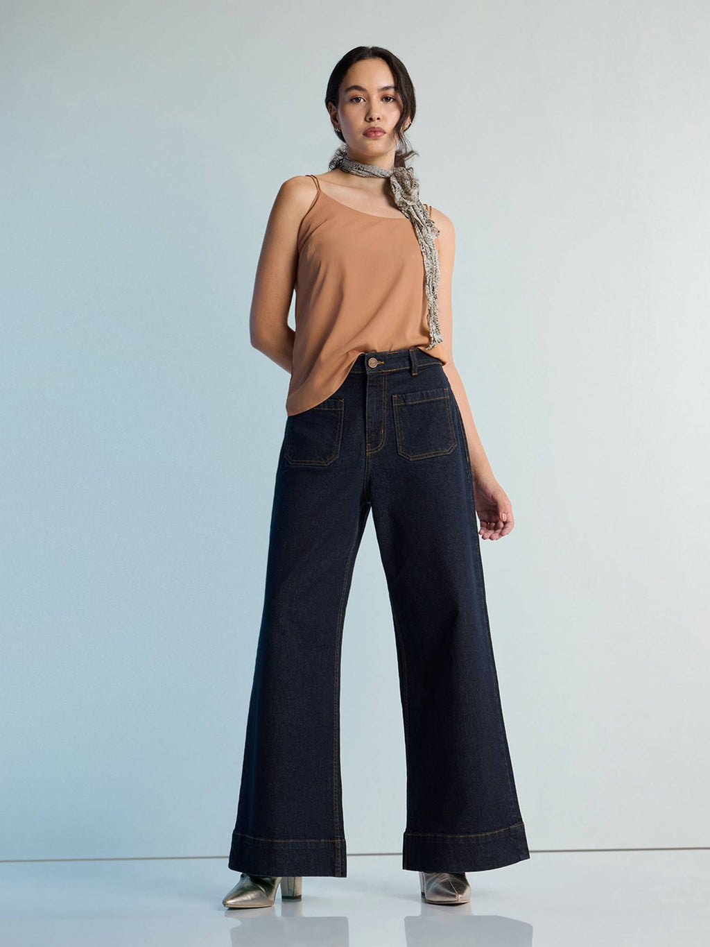 Navy Blue Womens Wide Leg Patch Pocket Denim Jeans | WL90 - view 6