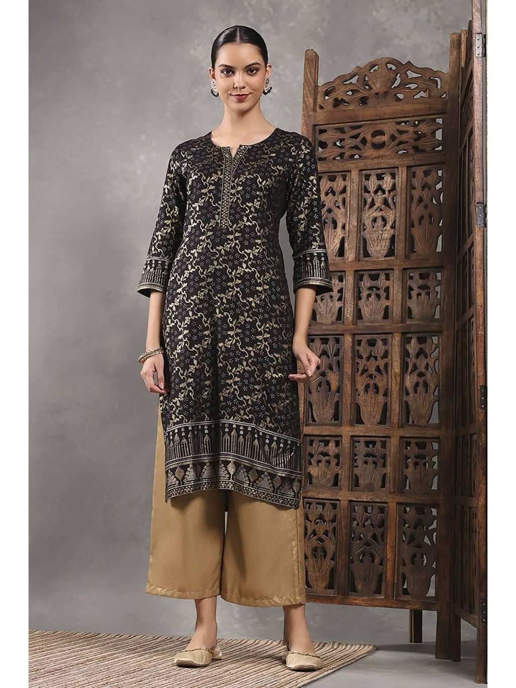 Women Black Viscose Rayon Printed Straight Kurta | U3S - view 1