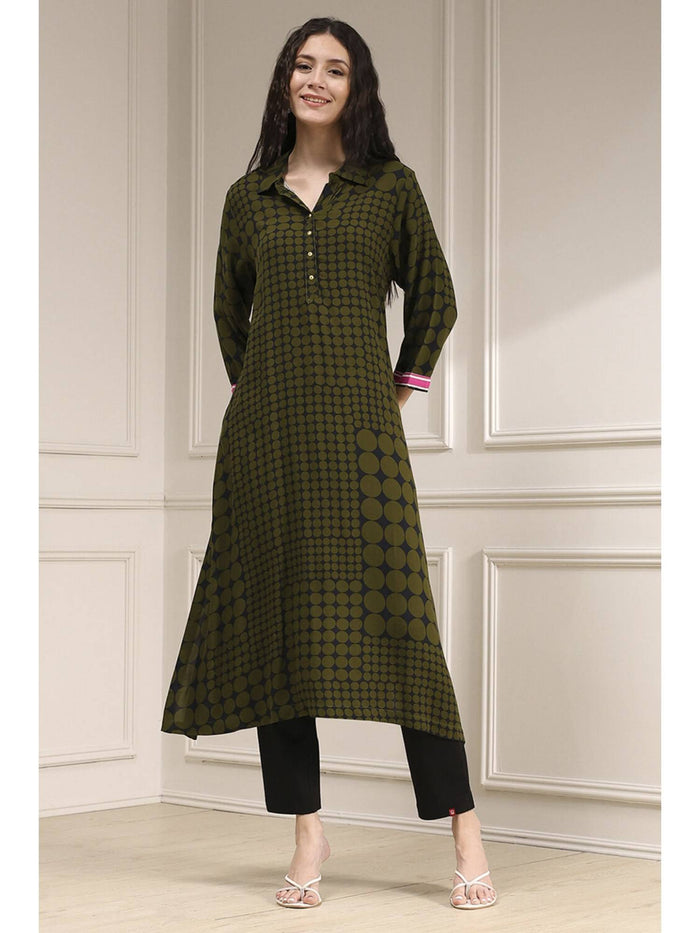 Women Olive Green Viscose Straight Printed Kurta | FY93 - view 1