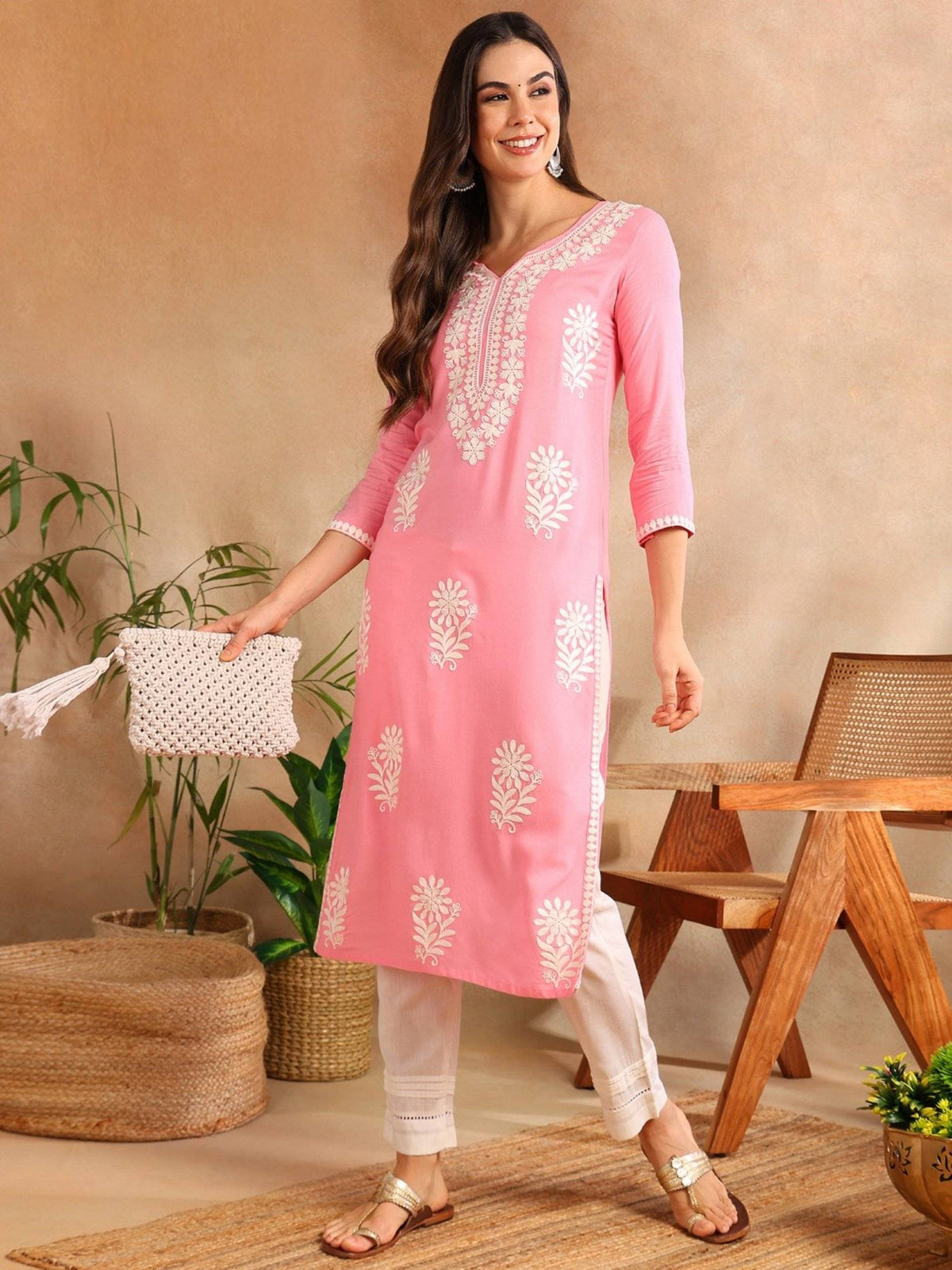 Green Viscose Rayon Solid Embroidered Chikankari Straight Kurta | FY93 - view 9
