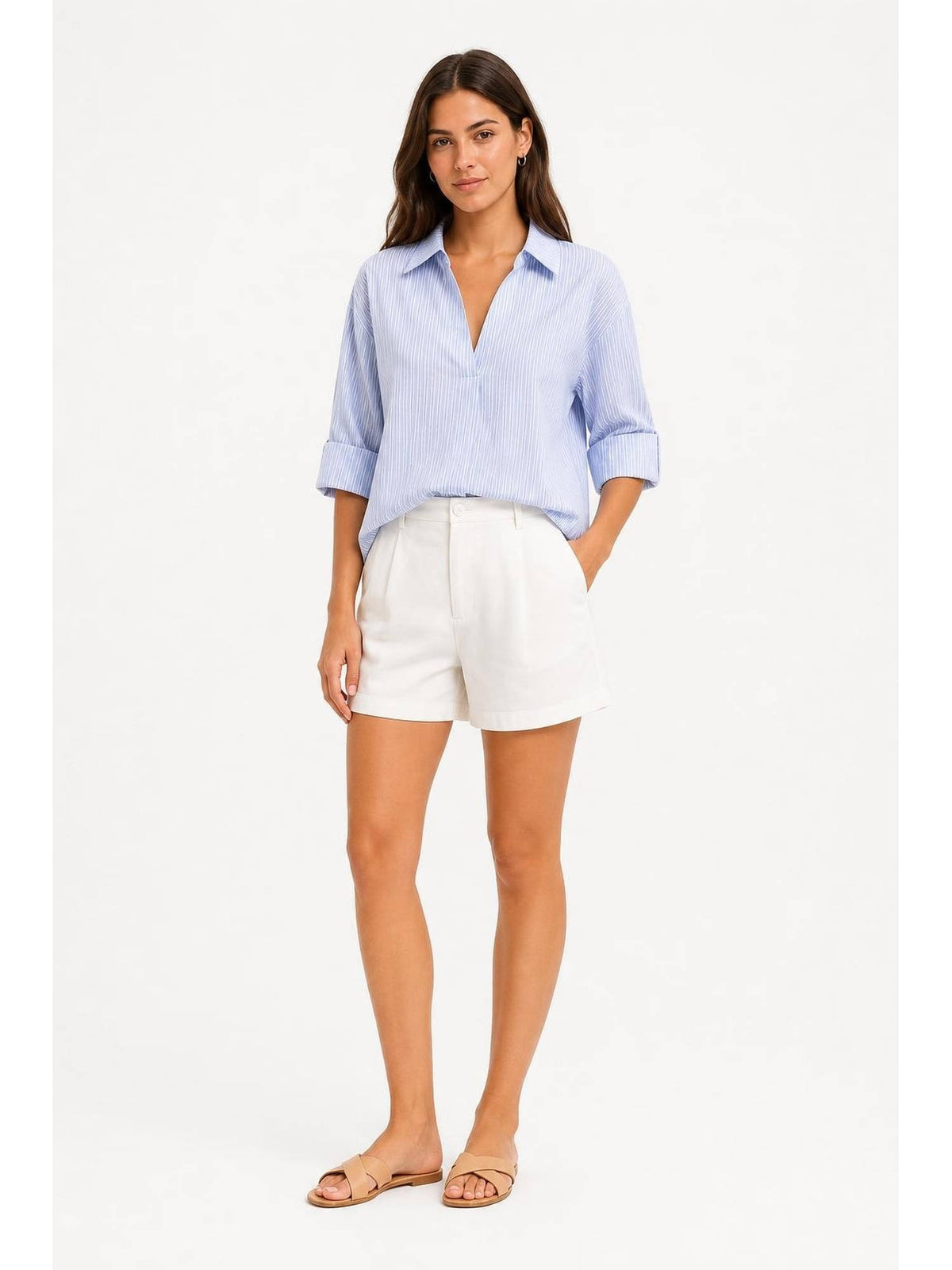 100% Cotton Collar Roll-up Sleeve Shirt Bodysuit | CI9 - view 17