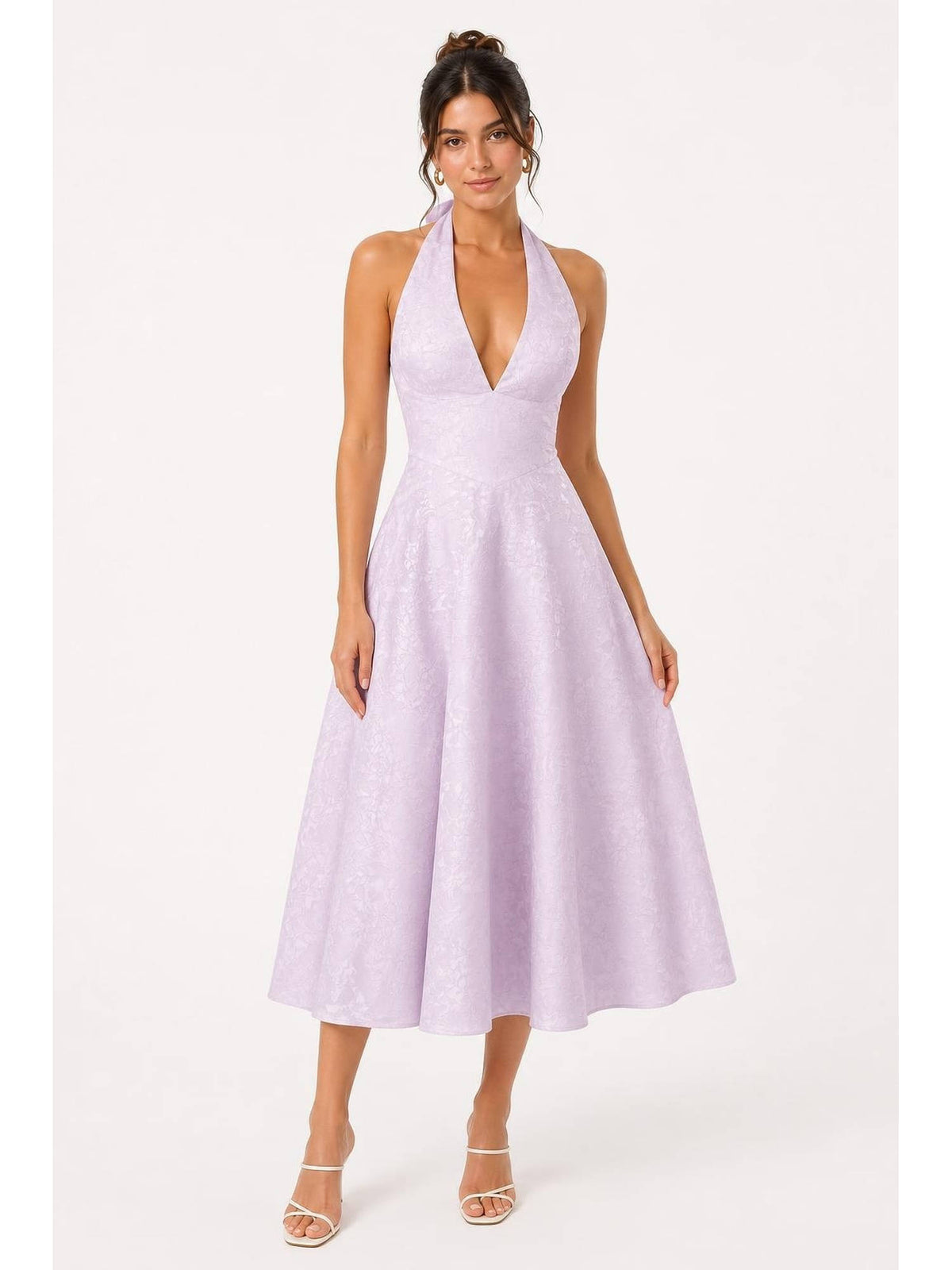 Jacquard Halter Neckline Floral Lace Up Midi Dress | D56 - view 16