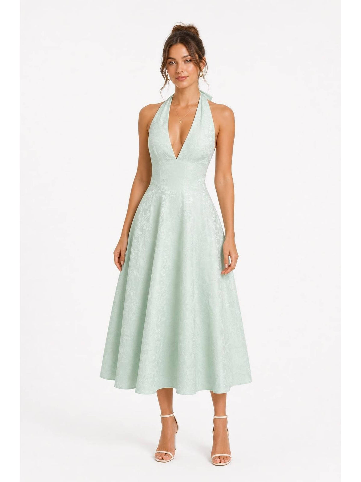 Jacquard Halter Neckline Floral Lace Up Midi Dress | D56 - view 32