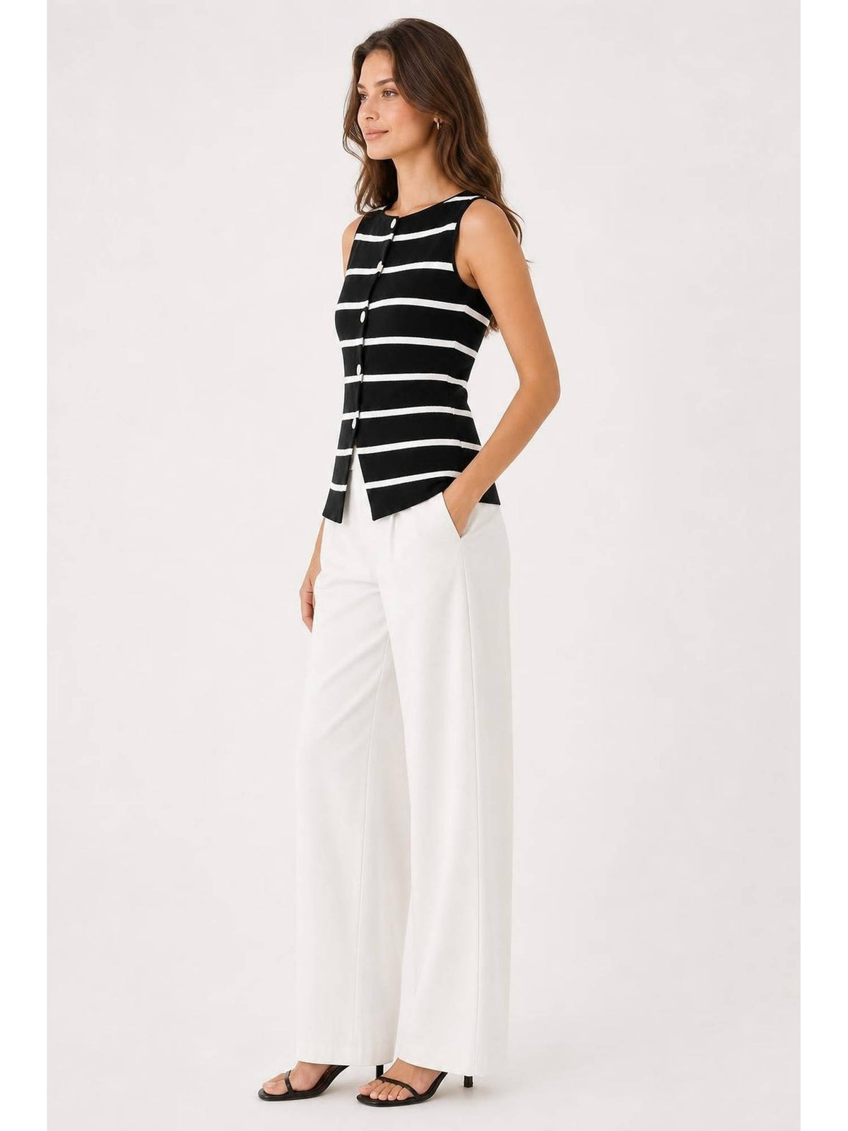 Knit Boat Neck Striped Button Split Vest | JC78 - view 11