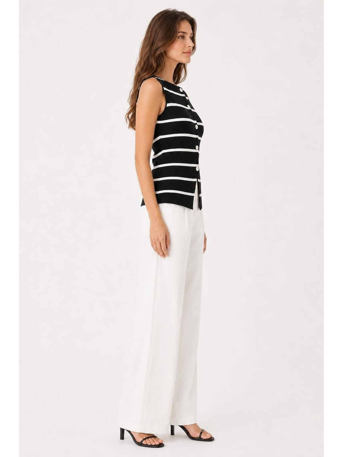 Knit Boat Neck Striped Button Split Vest | JC78 - view 12
