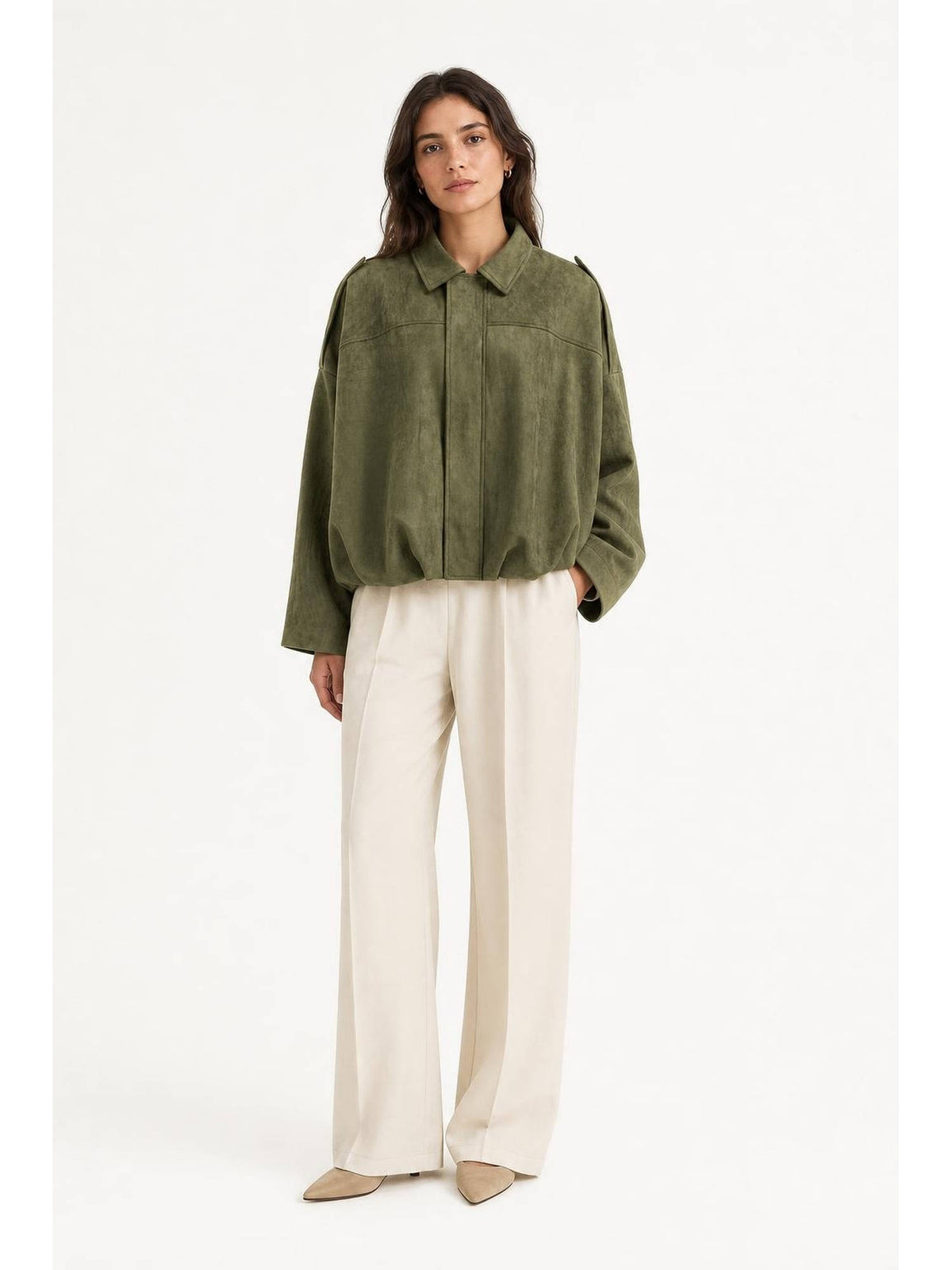 Suede Collar Long Sleeve Zip Through Oversized Jacket | JC78 - view 1