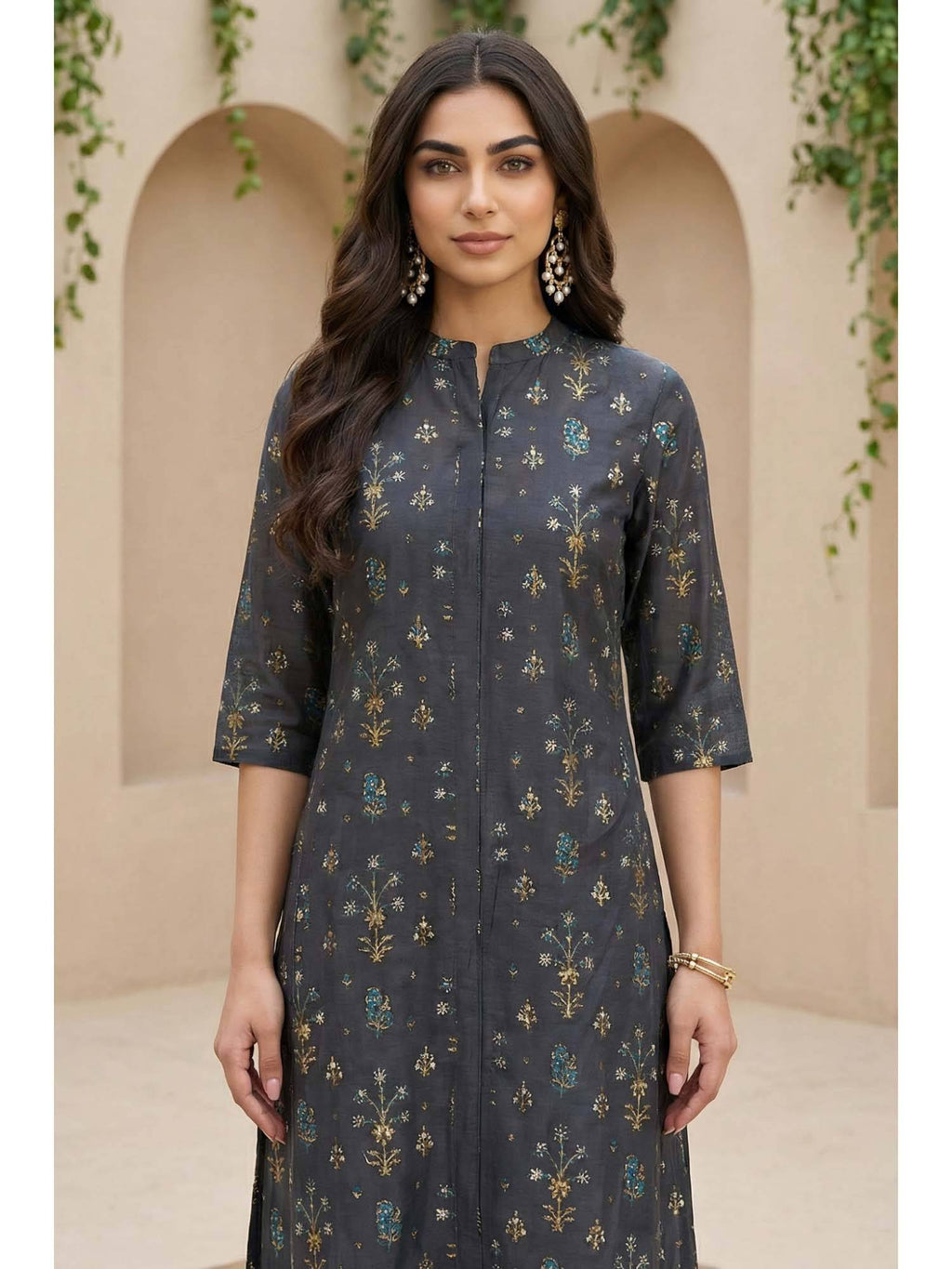 Grey Viscose Blend Mandarin Neck Kurta | KDG - view 1