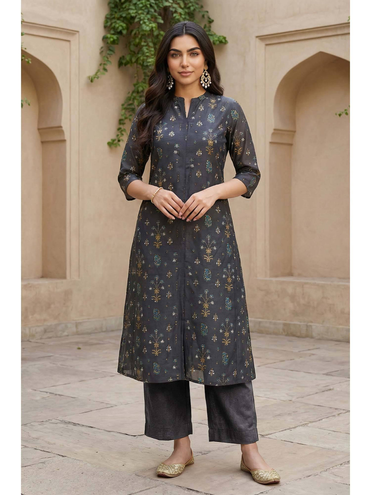 Grey Viscose Blend Mandarin Neck Kurta | KDG - view 3