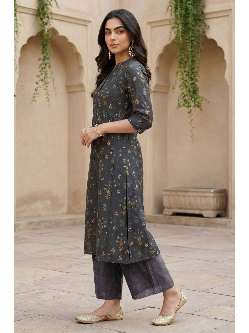 Grey Viscose Blend Mandarin Neck Kurta | KDG - view 4