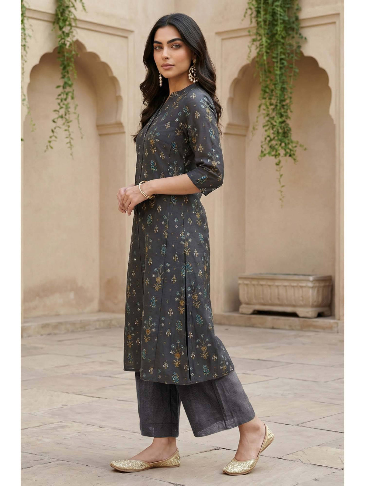 Grey Viscose Blend Mandarin Neck Kurta | KDG - view 4