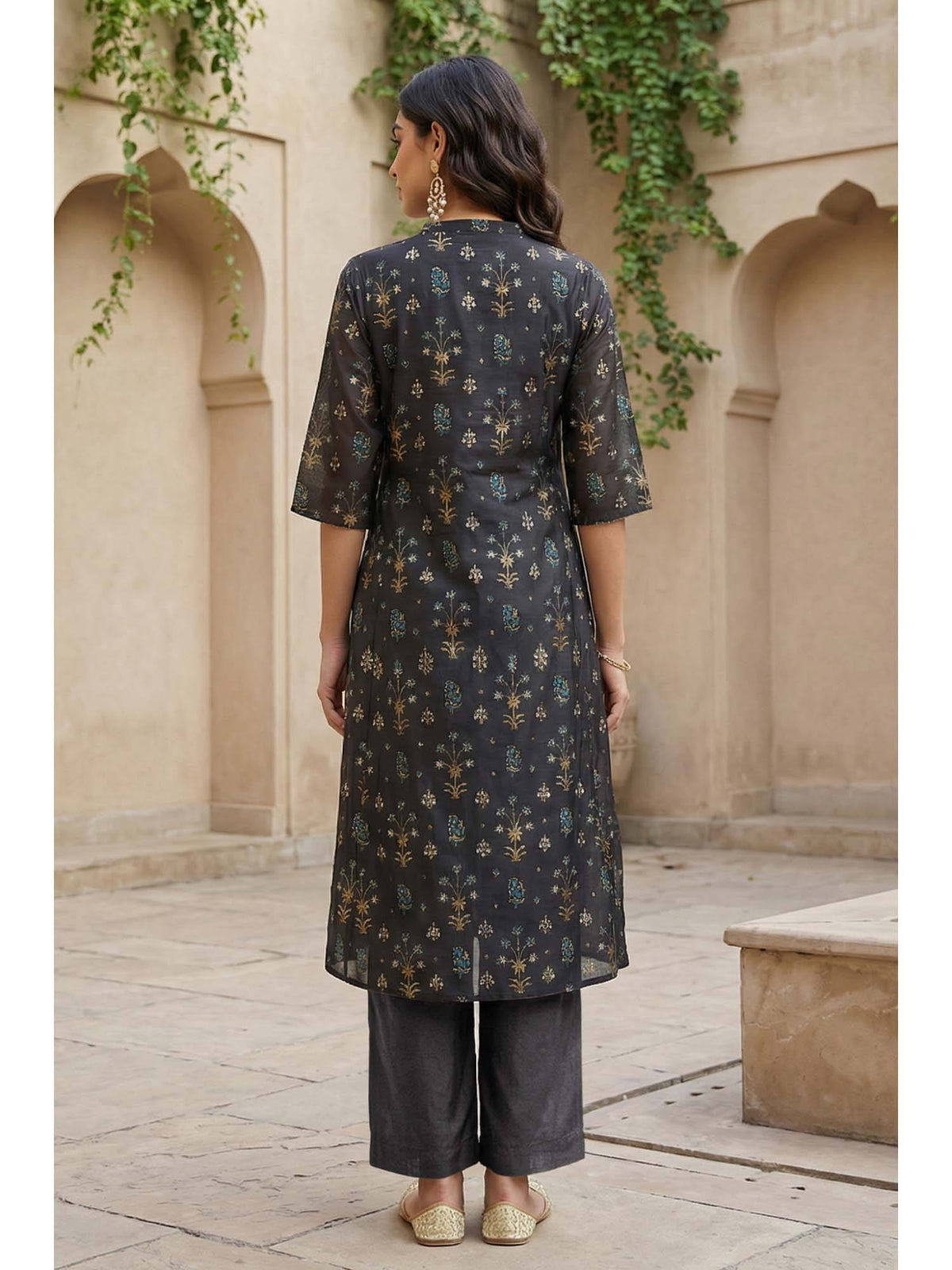 Grey Viscose Blend Mandarin Neck Kurta | FY93 - view 5