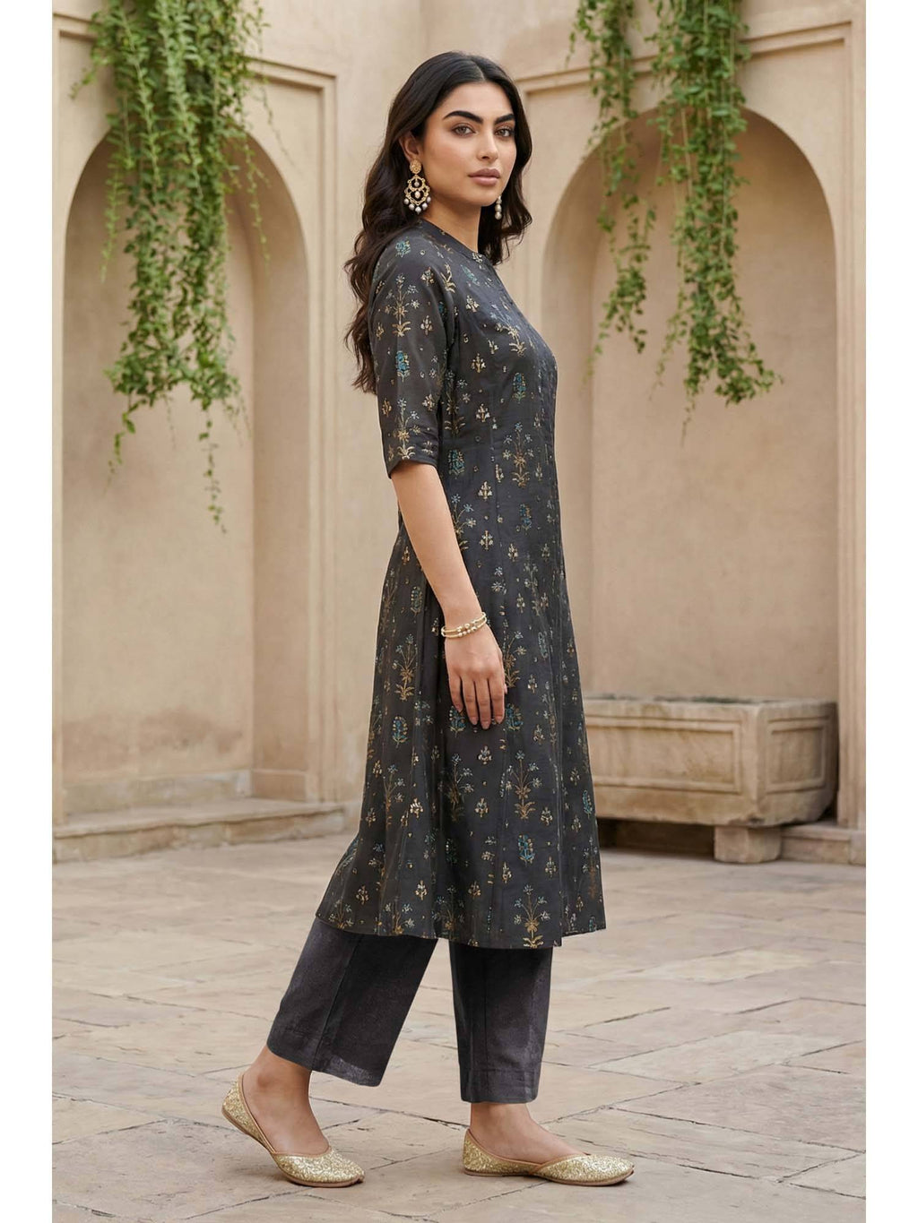 Grey Viscose Blend Mandarin Neck Kurta | KDG - view 6