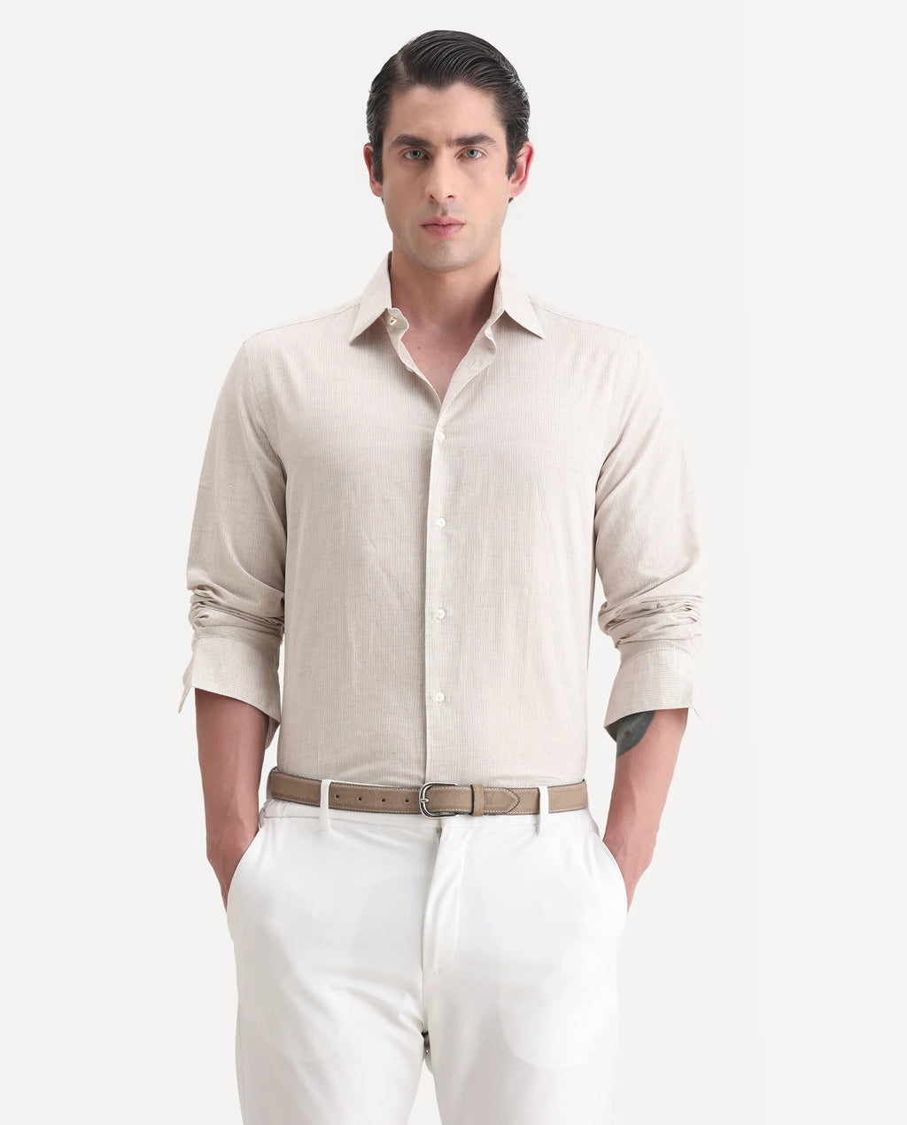 REGULAR FIT STRIPED PRINT SHIRT GUILD BUSINESS - DENTO - BEIGE morris.lane