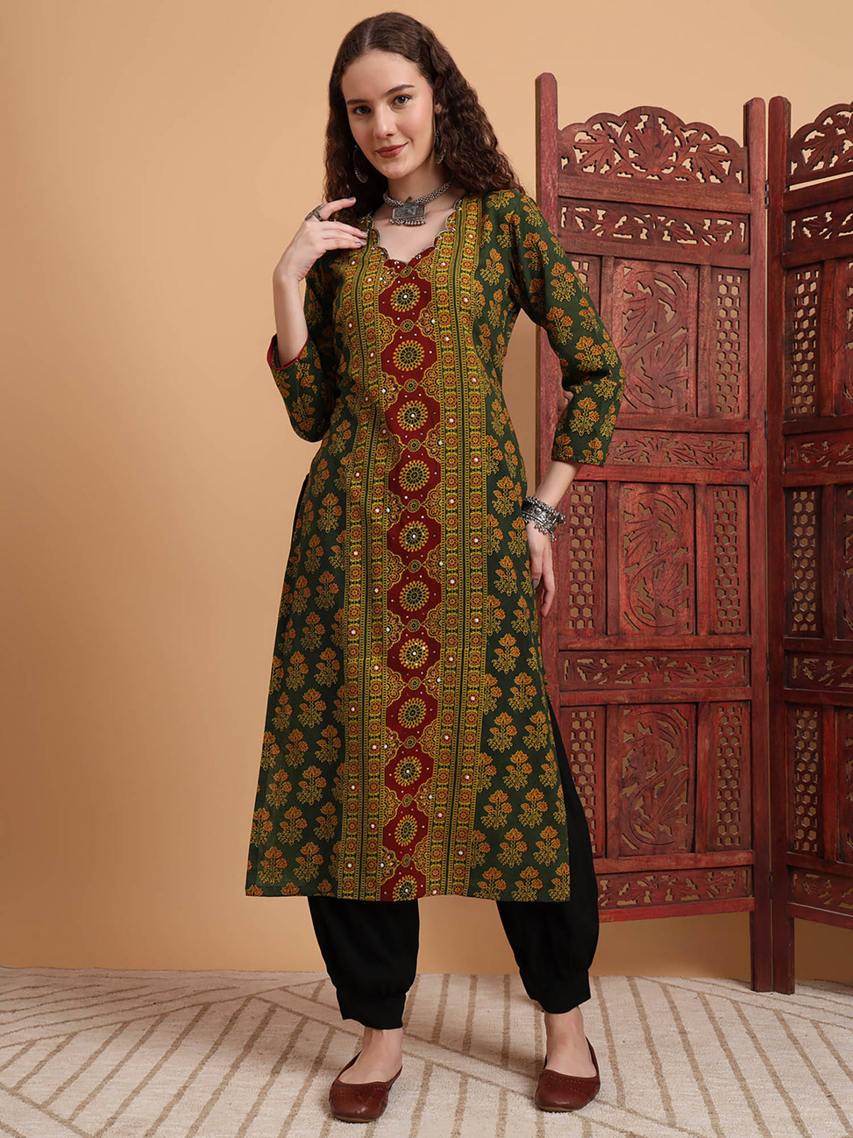 Women Hand Block Ajrak Printed Kurta - Green | KDG - view 1