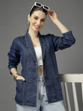 Women Navy Blue Notched Lapel Collar Regular Fit Jacket | JC78 - view 1