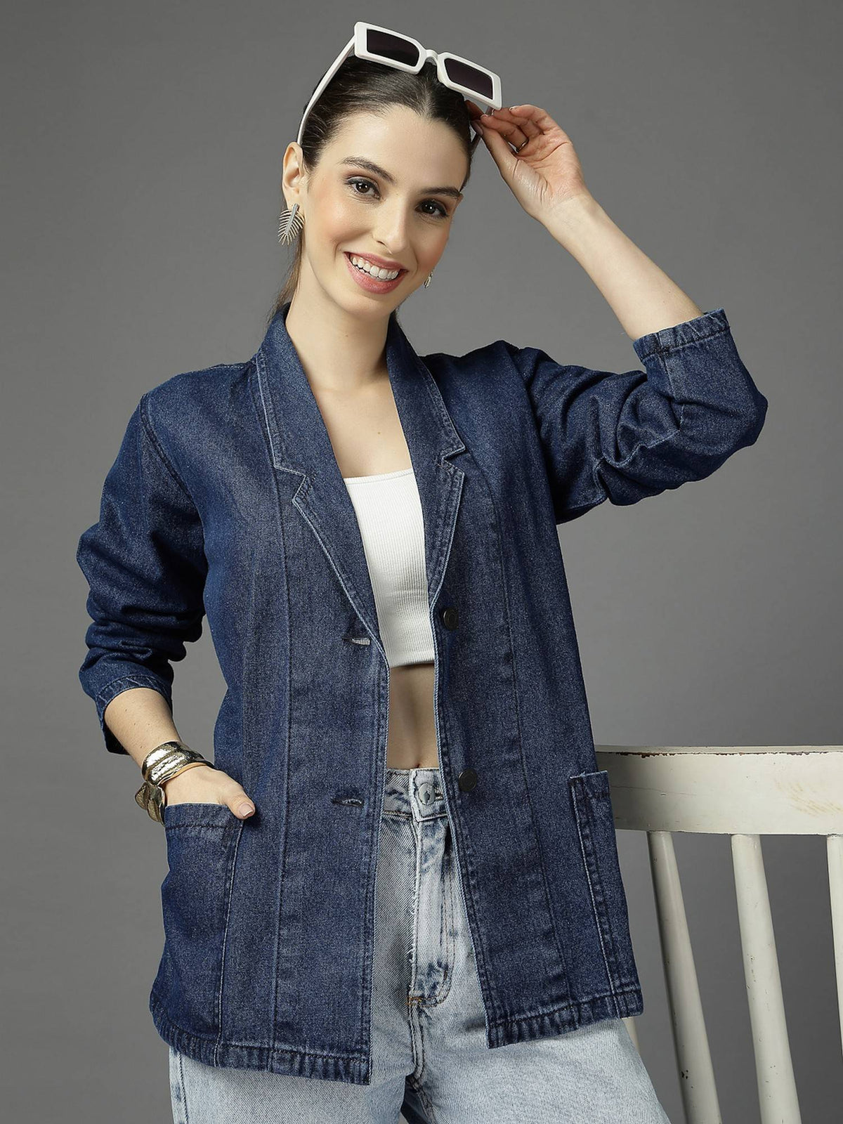 Women Navy Blue Notched Lapel Collar Regular Fit Jacket | JC78 - view 1