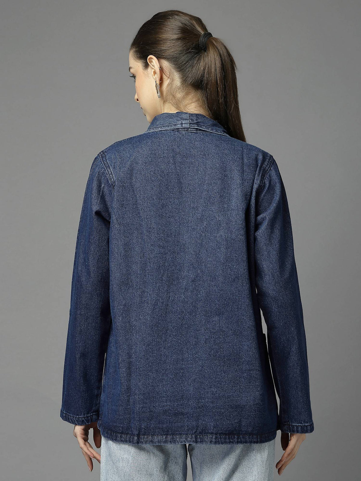 Women Navy Blue Notched Lapel Collar Regular Fit Jacket | JC78 - view 2